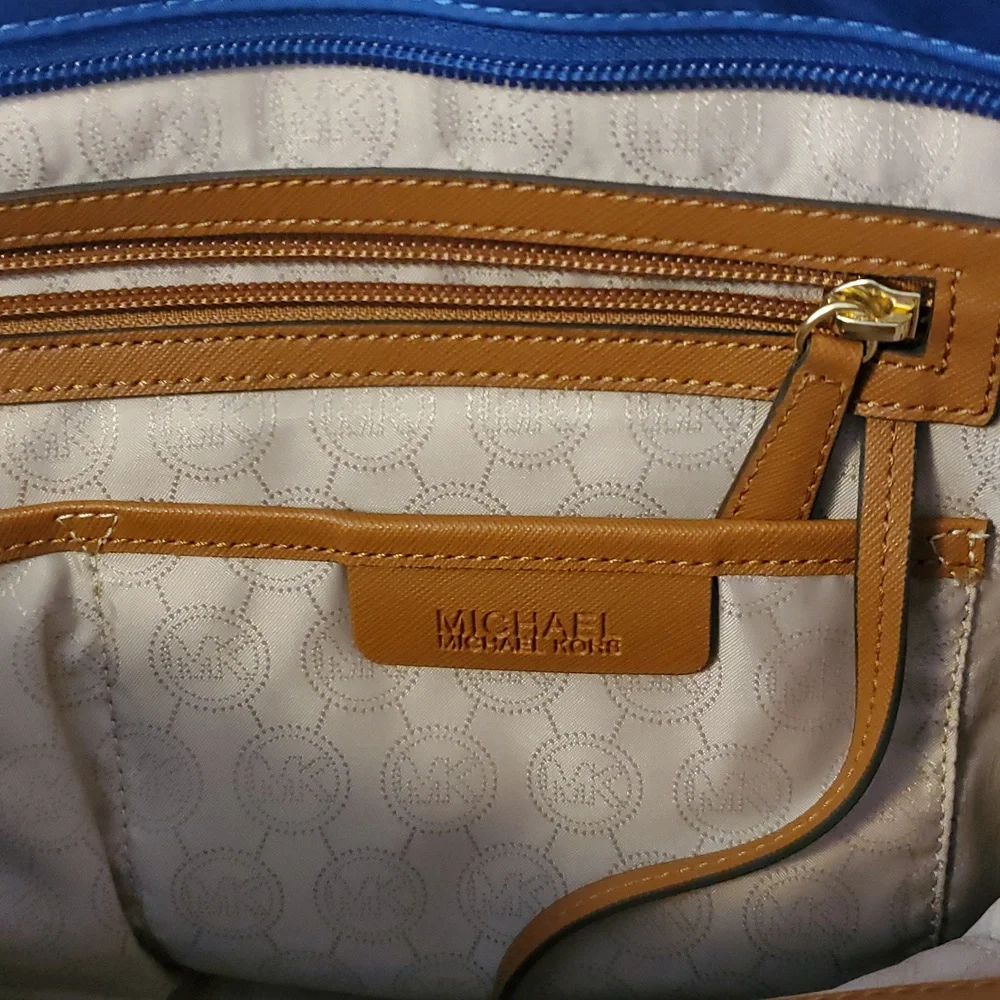 Michael Kors Jet Set Nylon Tote Royal Blue Tan Leather EUC